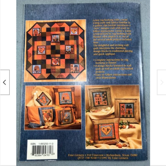 Rug Hook Flannels Quilt Blocks Tote Pillow Karen Roossien 1997 Four Corners - Picture 2 of 3